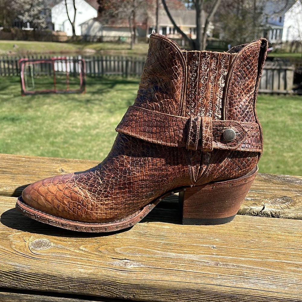 Lane Mattie Sz 7.5 Brown Croc Leather Western Ankle Booties - Picture 5 of 15